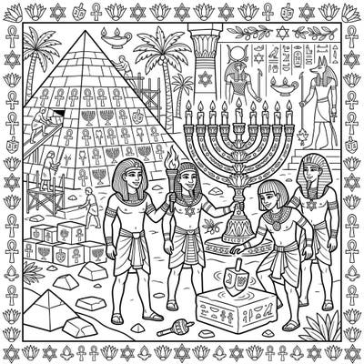 Discover a one-of-a-kind coloring page featuring ancient Egyptian pyramid builders celebrating Hanukkah. This intricate design beautifully merges historical architecture with festive traditions, showcasing menorahs, dreidels, and ankhs.