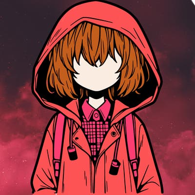 little anime girl in a raincoat her hair is covering her eyes she has a lighter