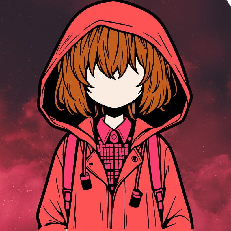 little anime girl in a raincoat her hair is covering her eyes she has a lighter