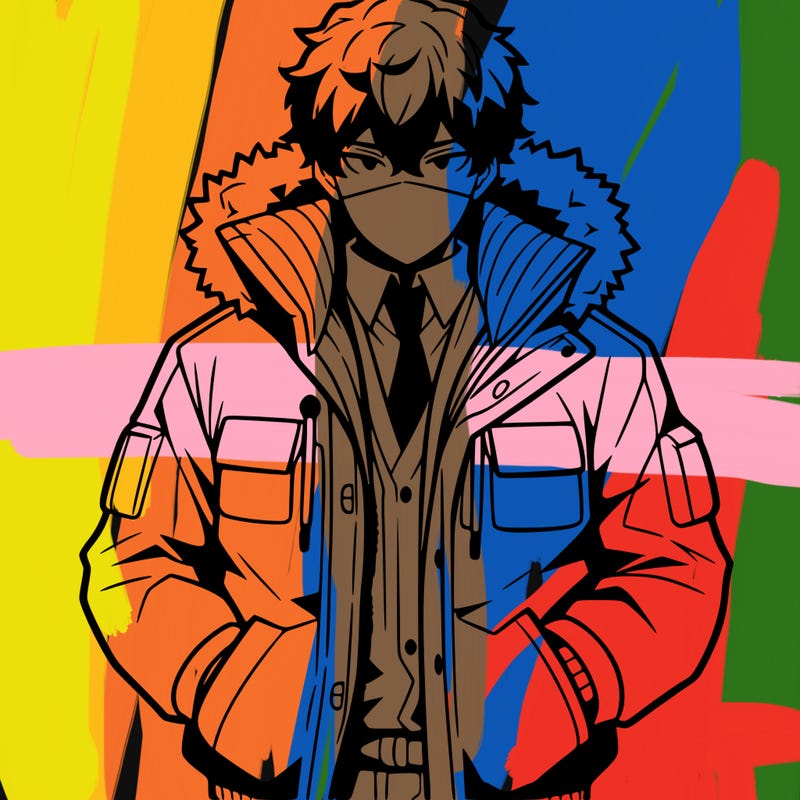 anime male, with big jacket, hands in his pockets