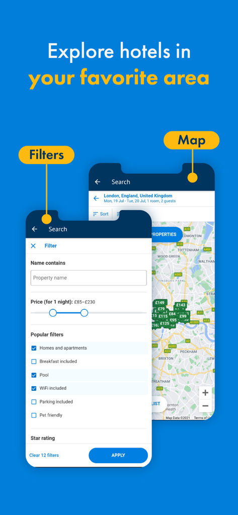 Interfaccia dell'app eBooking che mostra i filtri di ricerca e una vista mappa per la prenotazione di hotel