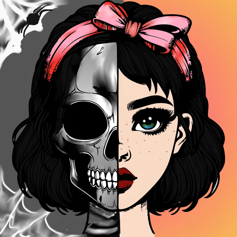 realistic girl with half skull mask