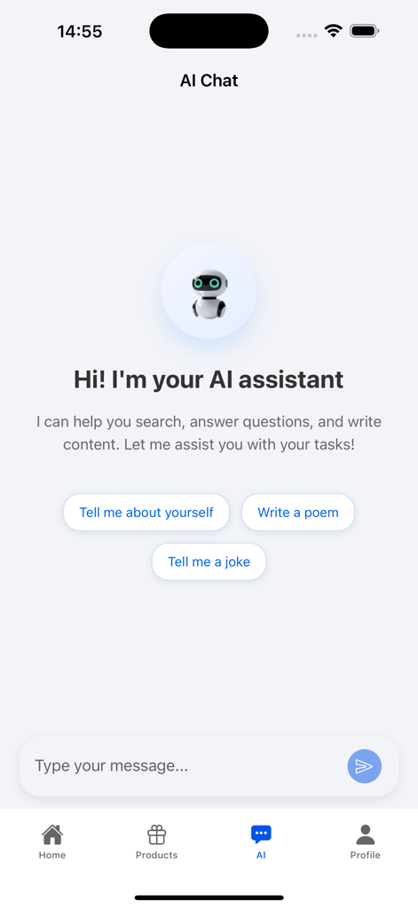 Vobot Talk - Vobot Talk AI assistant chat interface with an AI robot and quick prompt buttons