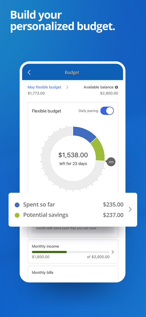 Screenshot of the Chase Mobile app showing a personalized budget tool with a circle chart and monthly income tracking.