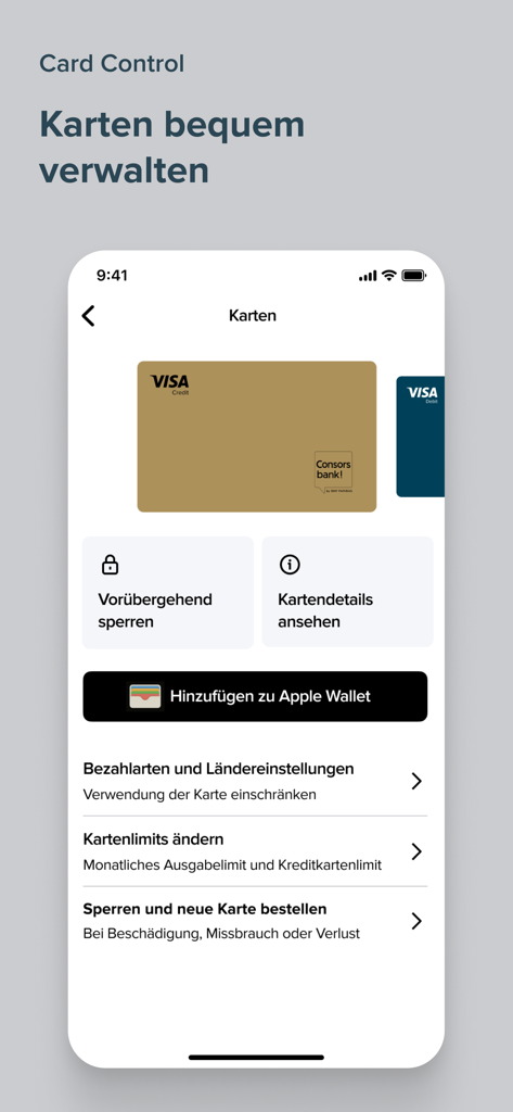 Consorsbank - L'interface de l'application Consorsbank présente les fonctionnalités de gestion des cartes de crédit et de débit Visa, notamment les options de verrouillage et l'intégration avec Apple Wallet.