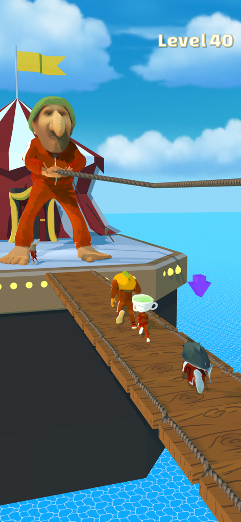 Brainrot 456 Jump Rope - Gameplay screenshot of Brainrot 456 Jump Rope showing meme characters on a wooden bridge facing a giant opponent.