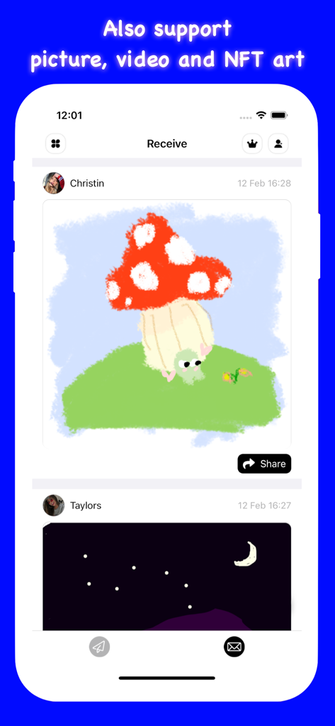 Note Widget - Love Drawing - Mobile app screen showing a feed of creative digital drawings and doodles received from friends.