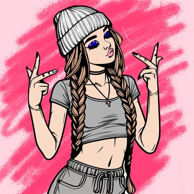 realistic teenage girl with braids and a beanie and crop top doing 🫶🏼