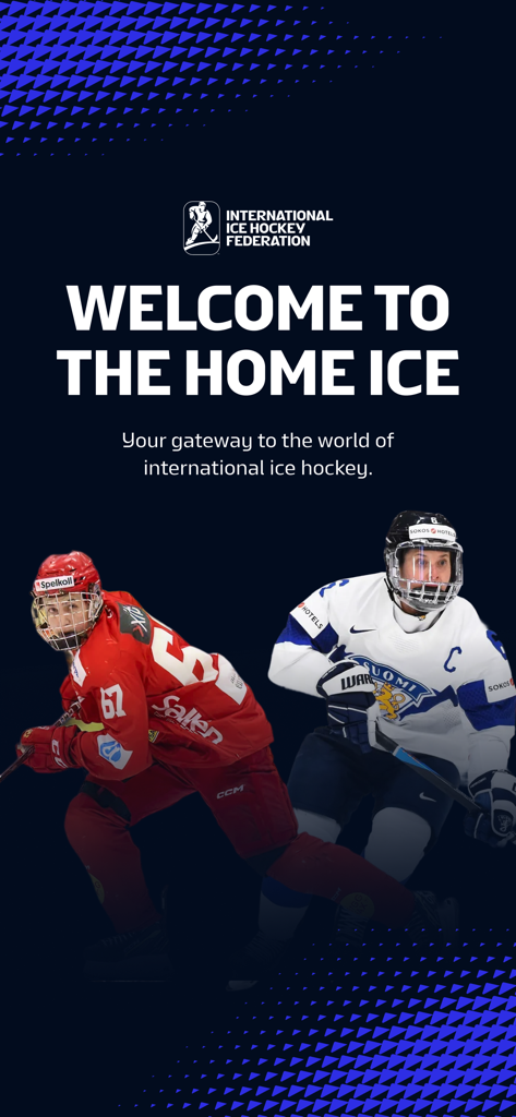 Pantalla de bienvenida de la aplicación IIHF 2026 con el lema 'Welcome to the Home Ice' e imágenes de jugadores de hockey sobre hielo internacionales