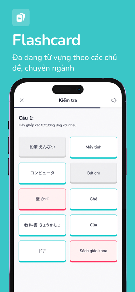 Riki - Interface do aplicativo Riki mostrando um exercício de correspondência de palavras de japonês para vietnamita na seção de flashcards.