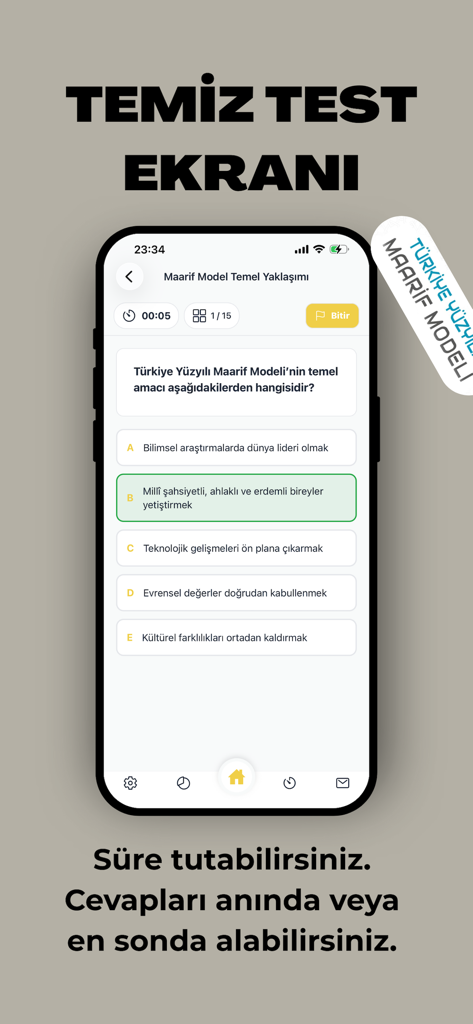 EKYS Kolay Müdür ve Müdür Yrd. - Bildschirm einer mobilen App, der eine Übungsfrage für die EKYS-Prüfung zur Bildungsleitung anzeigt.