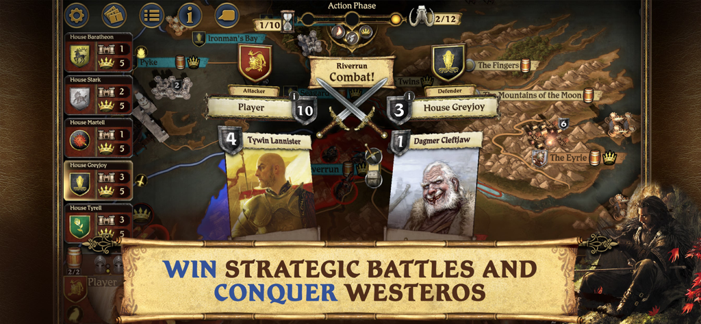 왕좌의 게임 보드 게임의 웨스테로스 지도에서 Tywin Lannister와 Dagmer Cleftjaw 간의 전투 장면