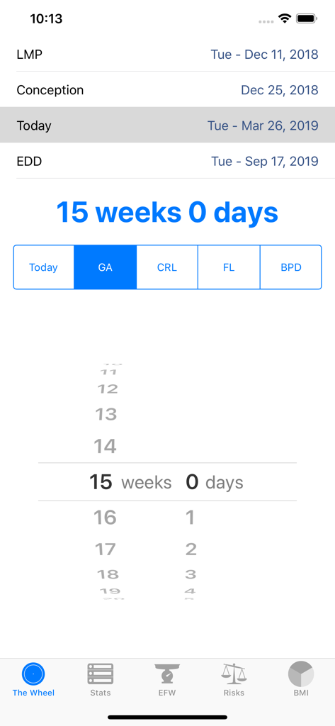 The OB Wheel Pro 7 - Gestational age calculator screen in The OB Wheel Pro 7 app showing 15 weeks pregnancy status
