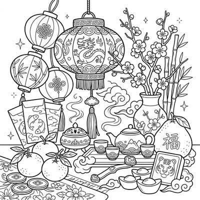 Dive into the rich traditions of Lunar New Year with this beautiful still life coloring page. It features an array of symbolic items, perfect for a cozy and meaningful coloring session.
