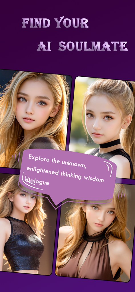 Hilii - Ai friends - Four portraits of AI generated female companions with the text Find Your AI Soulmate