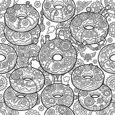 Dive into a unique world where delicious cake doughnuts get a fantastical Steampunk makeover. This intricate coloring page invites you to bring industrial Victorian charm to life with your favorite colors.