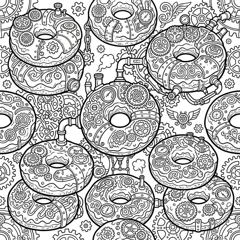 Dive into a unique world where delicious cake doughnuts get a fantastical Steampunk makeover. This intricate coloring page invites you to bring industrial Victorian charm to life with your favorite colors.