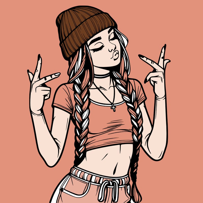 realistic teenage girl with braids and a beanie and crop top doing 🫶🏼