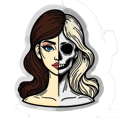 bust of a woman, half face and hair, half skull