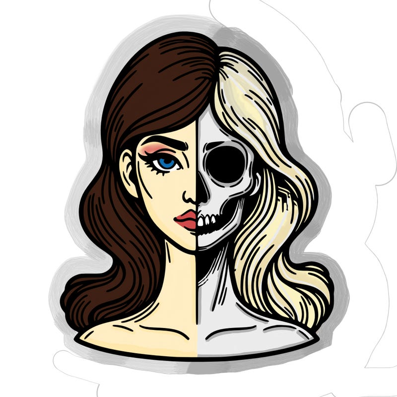 bust of a woman, half face and hair, half skull