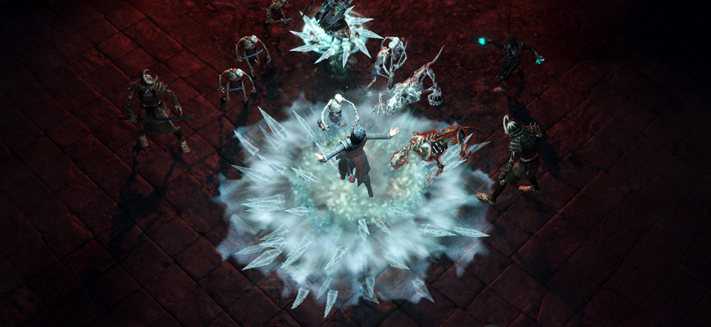 A hero character casting a circular ice shard spell against skeletons and demon dogs in a dark dungeon