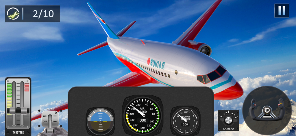 Plane Simulator: Plane Games - A passenger airplane flying above clouds with cockpit instrument controls in Plane Simulator