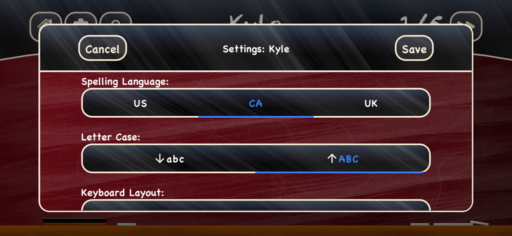 Simplex Spelling Phonics CVC - O menu de configurações no aplicativo Simplex Spelling Phonics CVC mostrando opções para idioma de ortografia, caixa de letras e layout do teclado