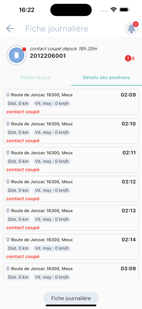 Un journal détaillé des positions des véhicules horodatées et de l'état du moteur dans l'application mobile de gestion de flotte Exdat.