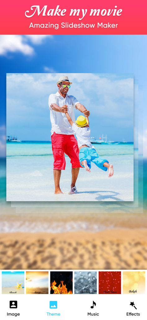 MakeMyMovie-Movie maker - The MakeMyMovie app interface displaying a family photo on a beach with various visual themes for creating a slideshow