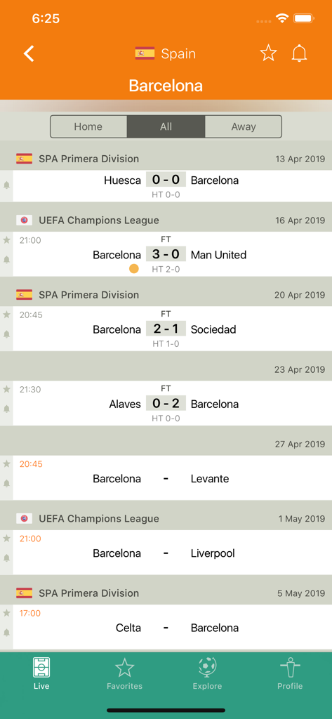 Futbol24 soccer livescore app - Futbol24 app interface showing Barcelona match fixtures and scores in the Primera Division and Champions League