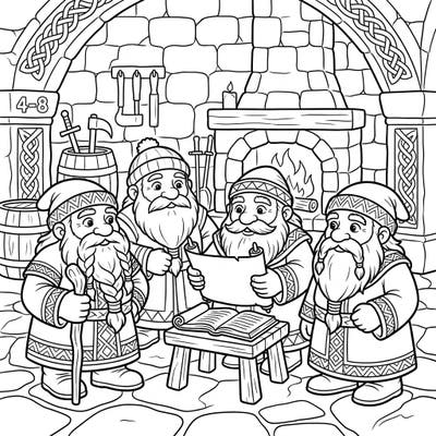 Delve into a world of ancient wisdom with this charming coloring page featuring wise Dwarf Clan Elders. Perfect for kids aged 4-8, it offers moderate detail for an engaging artistic journey.
