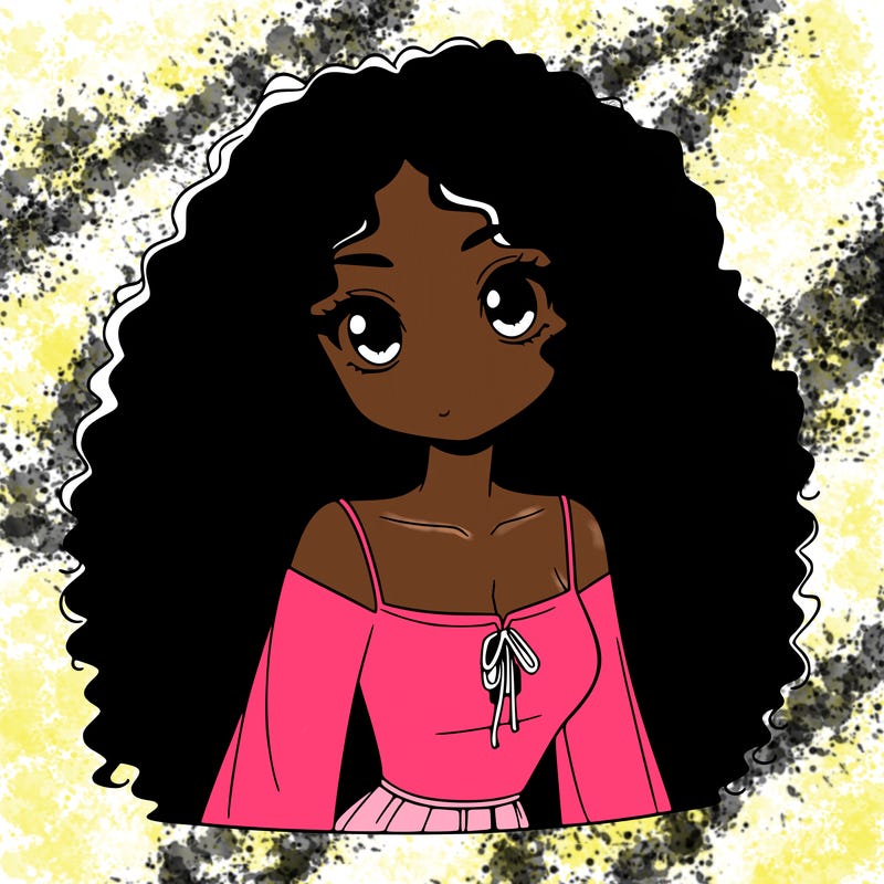 a black anime girl with long afro hair