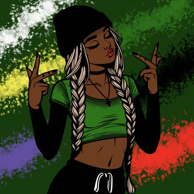 realistic teenage girl with braids and a beanie and crop top doing 🫶🏼