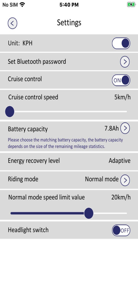 SENCOR SCOOTER - Settings menu of the Sencor Scooter app displaying cruise control and speed limit customization options