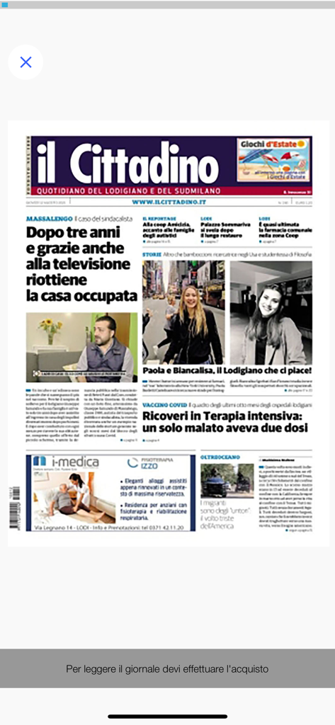 Página principal digital del periódico Il Cittadino di Lodi con titulares y fotos de noticias locales.