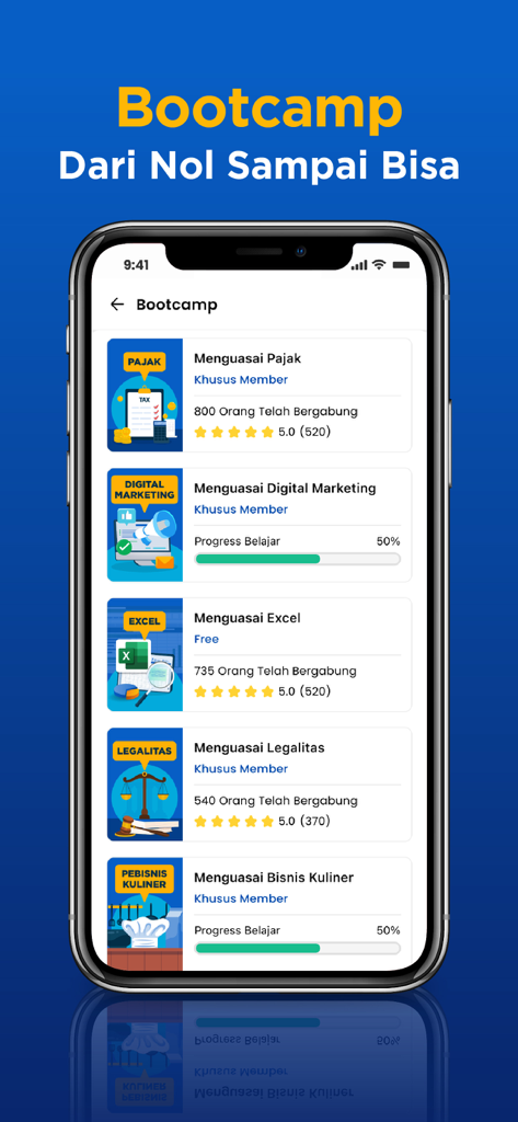 GrowWin by AsahPolaPikir - Tela do aplicativo GrowWin mostrando uma lista de cursos de bootcamp de negócios, incluindo marketing digital e negócios culinários