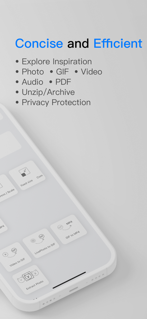 Toolbox by Paperclip - Un elenco di funzionalità per Toolbox by Paperclip che include strumenti per foto, video e GIF mostrati su uno schermo di iPhone con il testo Conciso ed Efficiente