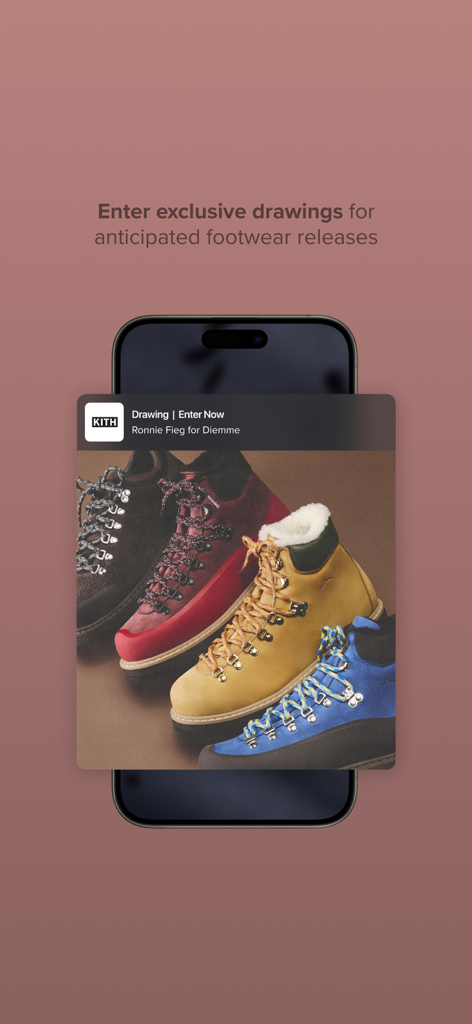 A smartphone displaying a notification to enter an exclusive drawing for Ronnie Fieg for Diemme footwear on the Kith app.