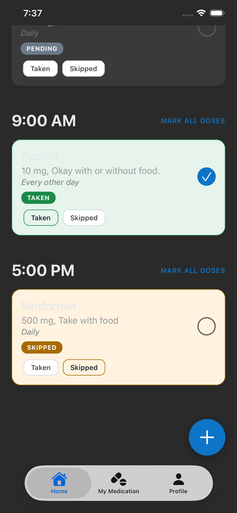 Daily Minder - La interfaz de la aplicación Daily Minder que muestra una lista de medicamentos programados con actualizaciones de estado para dosis tomadas y omitidas