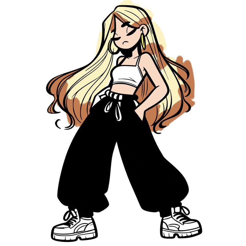 girl in baggy pants crop top and long hair
