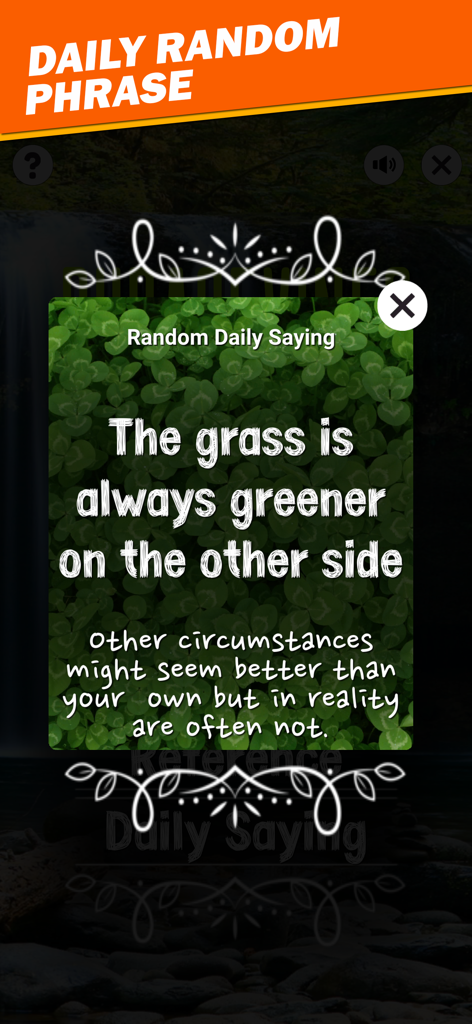 Écran de proverbe aléatoire quotidien affichant l'expression 'L'herbe est toujours plus verte ailleurs' avec sa définition