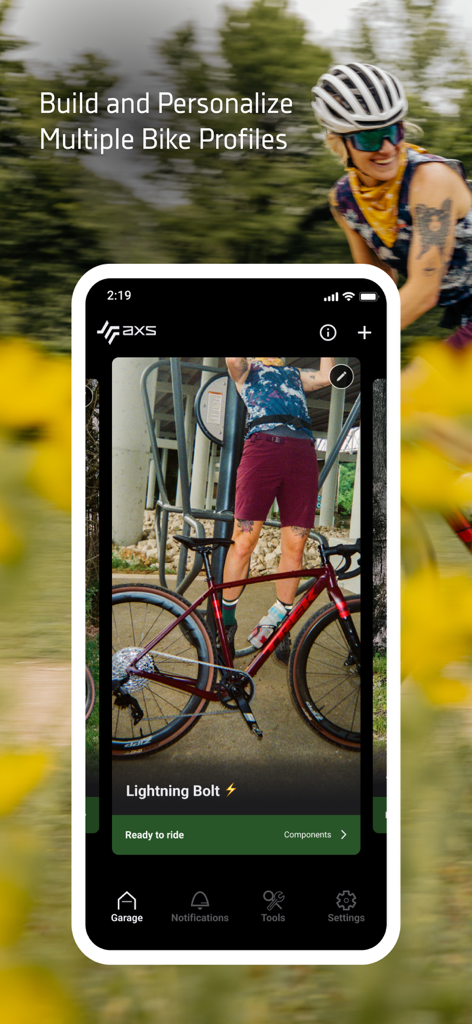 SRAM AXS app screen showing a personalized bike profile titled Lightning Bolt in the garage section