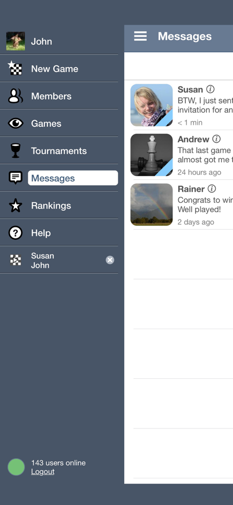 Chess Online Shredder Chess app messaging interface and navigation menu