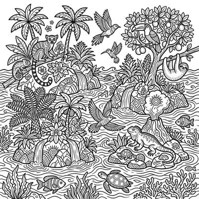 Dive into an immersive coloring experience with this intricate wildlife islands template, showcasing a rich tapestry of exotic animals and lush vegetation. Perfect for explorers of all ages, it promises hours of creative fun bringing a biodiverse paradise to life.