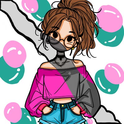 girl with a messy ponytail glasses a baggy crop top and jean shorts