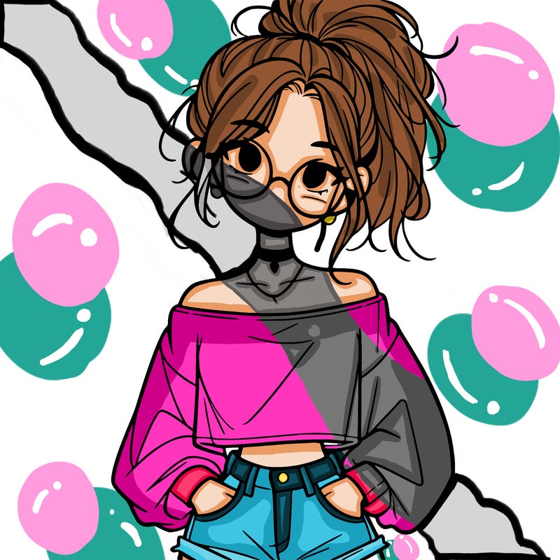 girl with a messy ponytail glasses a baggy crop top and jean shorts