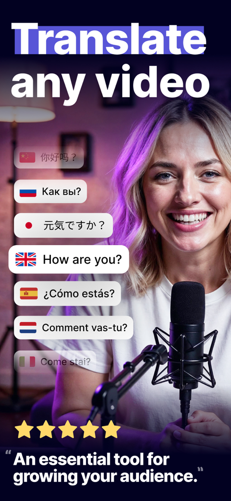 Dub AI: Video, Voice Changer - A woman creator using the Dub AI app to translate her video into multiple languages for a global audience.