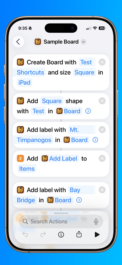 Corkulous - Your Ideas - Corkulous app on iPhone displaying a list of automation shortcut actions for board and item management