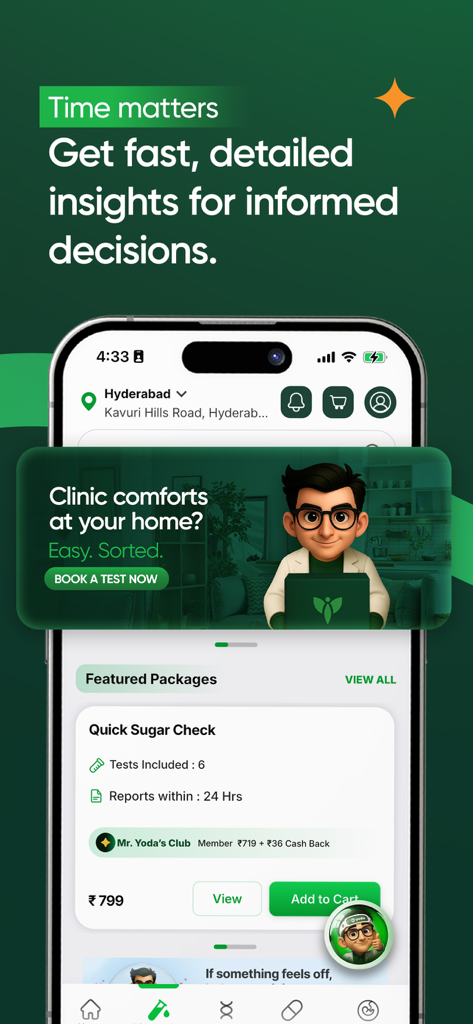 Mr. Yoda - The Mr. Yoda health app interface showing home laboratory test booking options and featured health packages like a Quick Sugar Check.