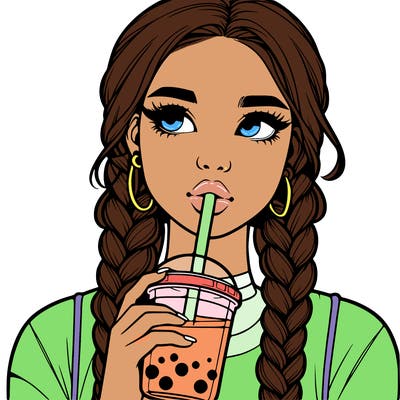 realistic girl with braided hair drinking boba